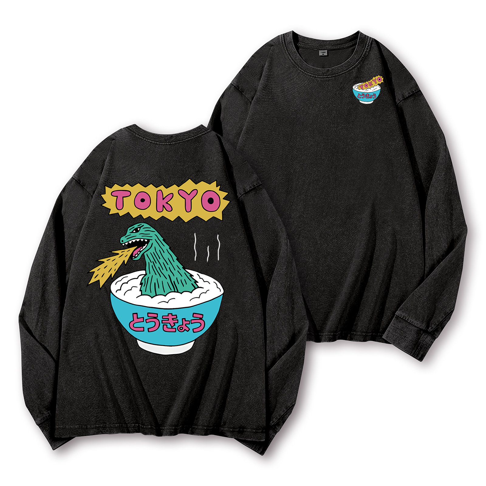 Godzilla The Monster Rice of Tokyo Vintage Washed Cotton Back Art Long-sleeve T-shirt