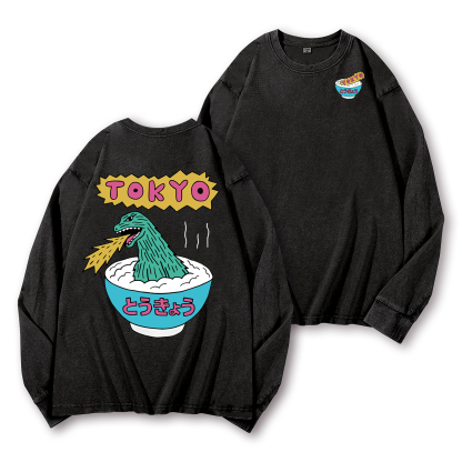 Godzilla The Monster Rice of Tokyo Vintage Washed Cotton Back Art Long-sleeve T-shirt
