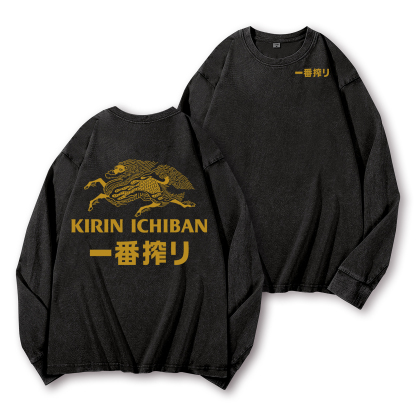 Kirin Ichiban Brewery Beer Vintage Washed Cotton Back Art Long-sleeve T-shirt
