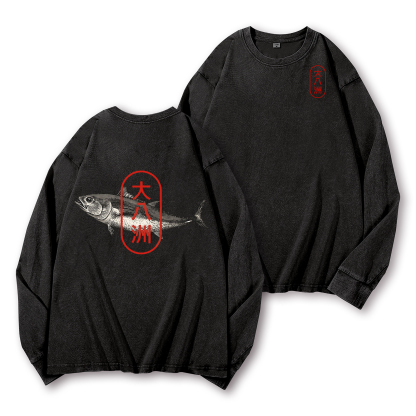 Great Eight Islands of Japan Tuna Fish Vintage Washed Cotton Back Art Long-sleeve T-shirt