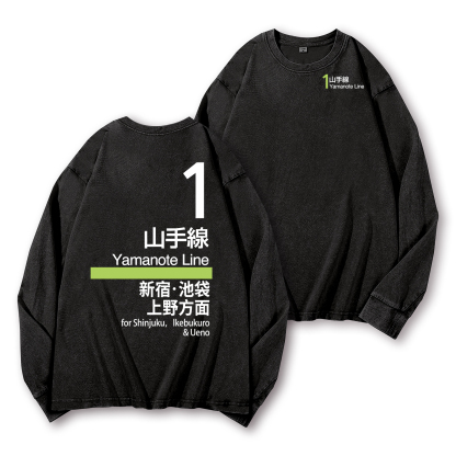 Yamanote Line for Shinjuku & Ikebukuro & Ueno Vintage Washed Cotton Back Art Long-sleeve T-shirt