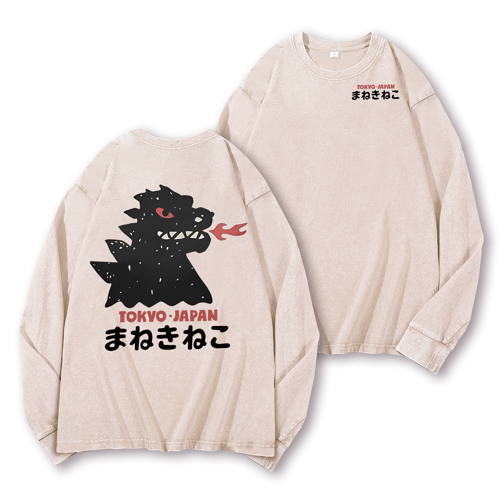 Godzilla Monster Tokyo Japan Vintage Washed Cotton Back Art Long-sleeve T-shirt