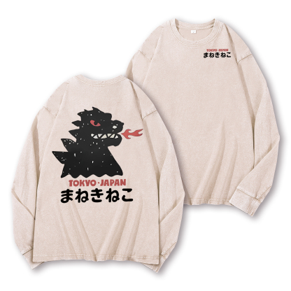 Godzilla Monster Tokyo Japan Vintage Washed Cotton Back Art Long-sleeve T-shirt