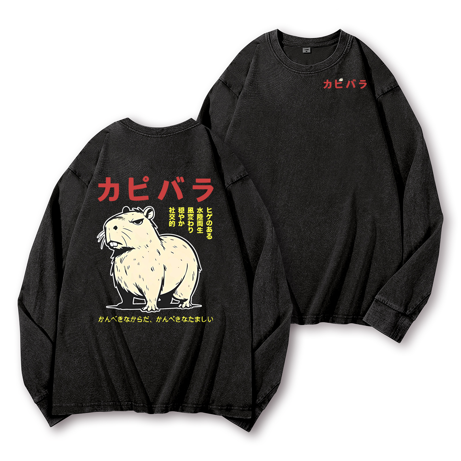 Capybara Vintage Washed Cotton Back Art Long-sleeve T-shirt