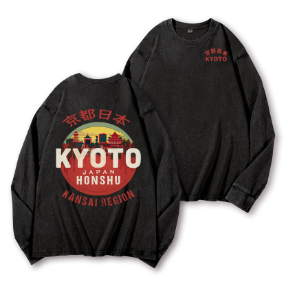 Kyoto Japan Honshu Kansai Region Vintage Washed Cotton Back Art Long-sleeve T-shirt