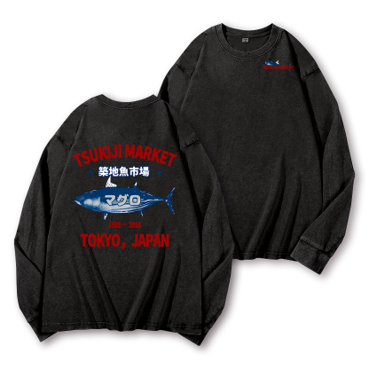 Tsukiji Market Tuna Fish Tokyo Japan Vintage Washed Cotton Back Art Long-sleeve T-shirt