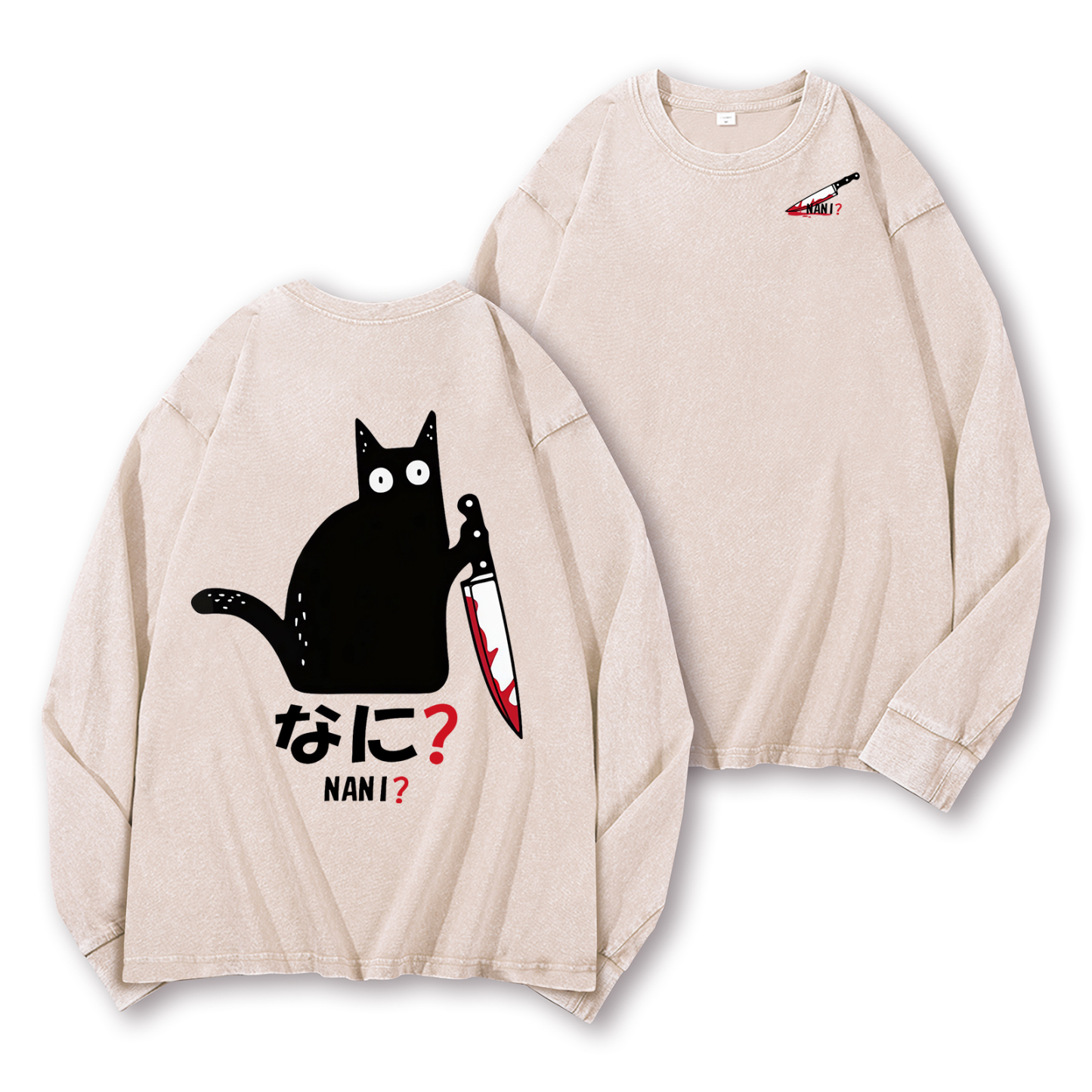 The Black Cat with a Knife Vintage Washed Cotton Back Art Long-sleeve T-shirt