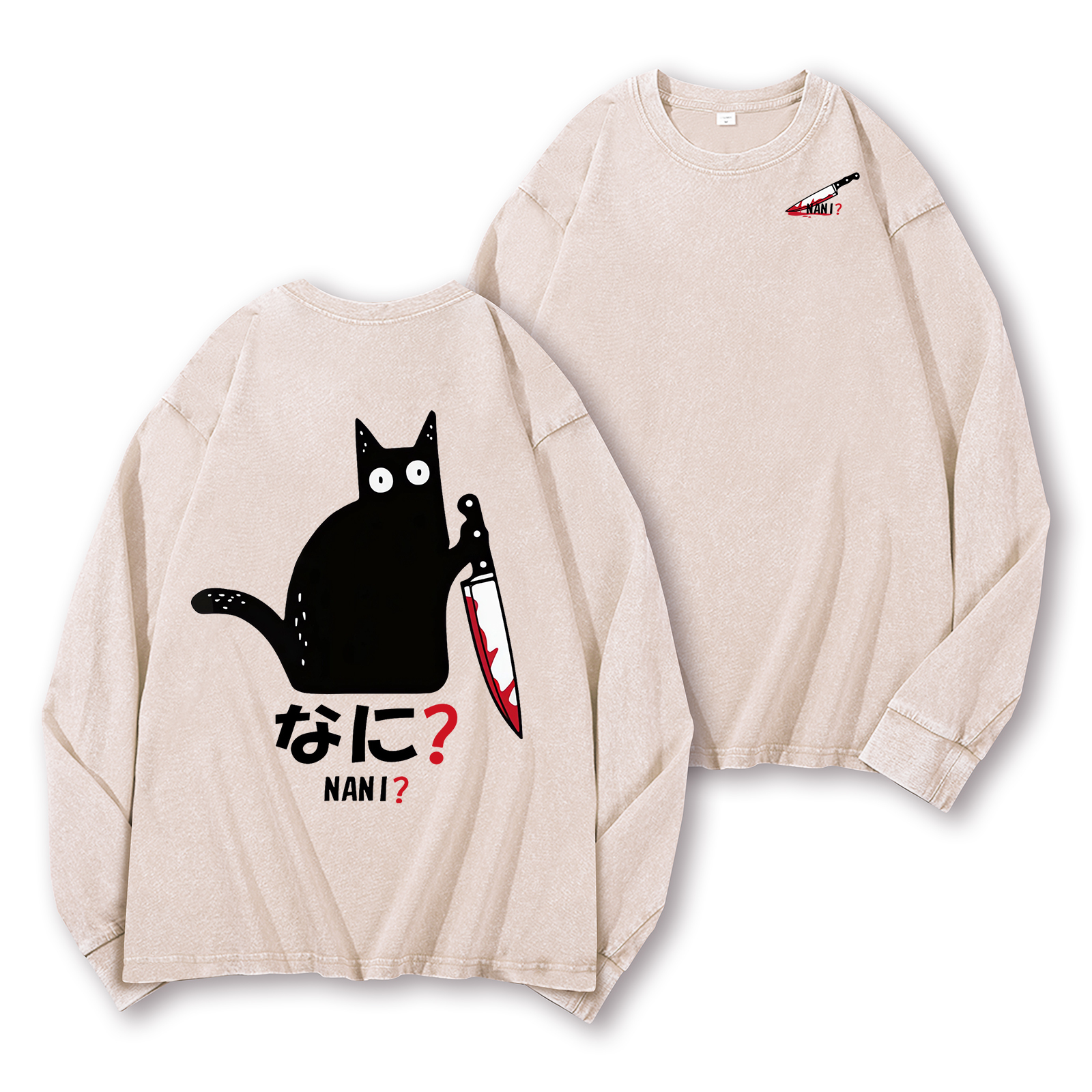 The Black Cat with a Knife Vintage Washed Cotton Back Art Long-sleeve T-shirt