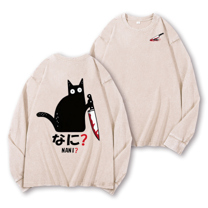 The Black Cat with a Knife Vintage Washed Cotton Back Art Long-sleeve T-shirt