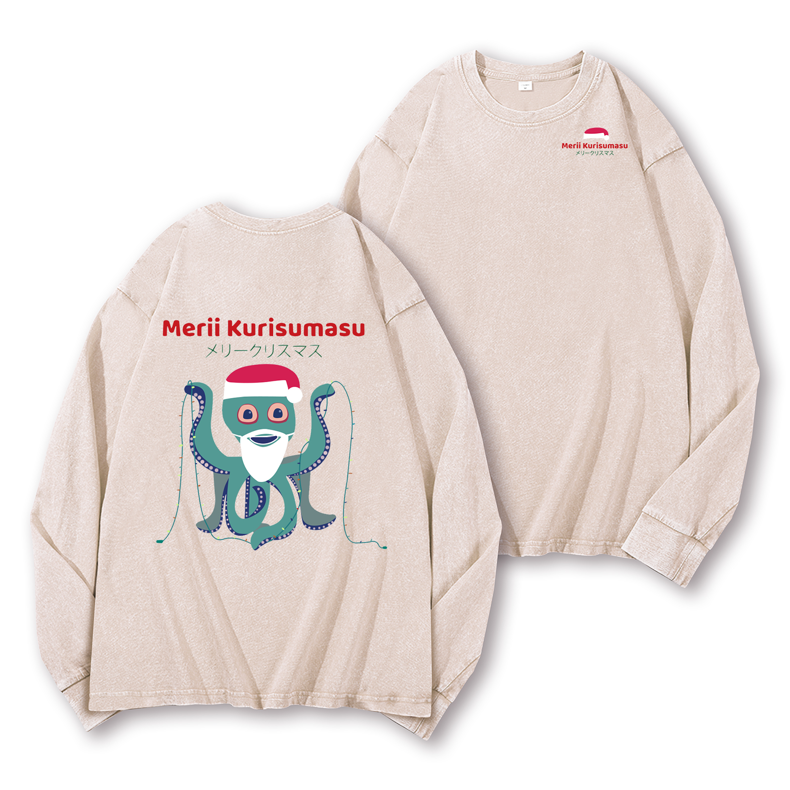 Christmas Octopus Vintage Washed Cotton Back Art Long-sleeve T-shirt