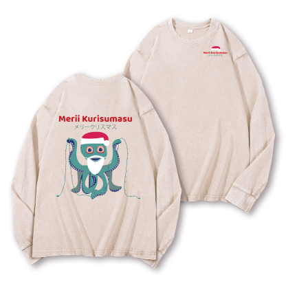 Christmas Octopus Vintage Washed Cotton Back Art Long-sleeve T-shirt
