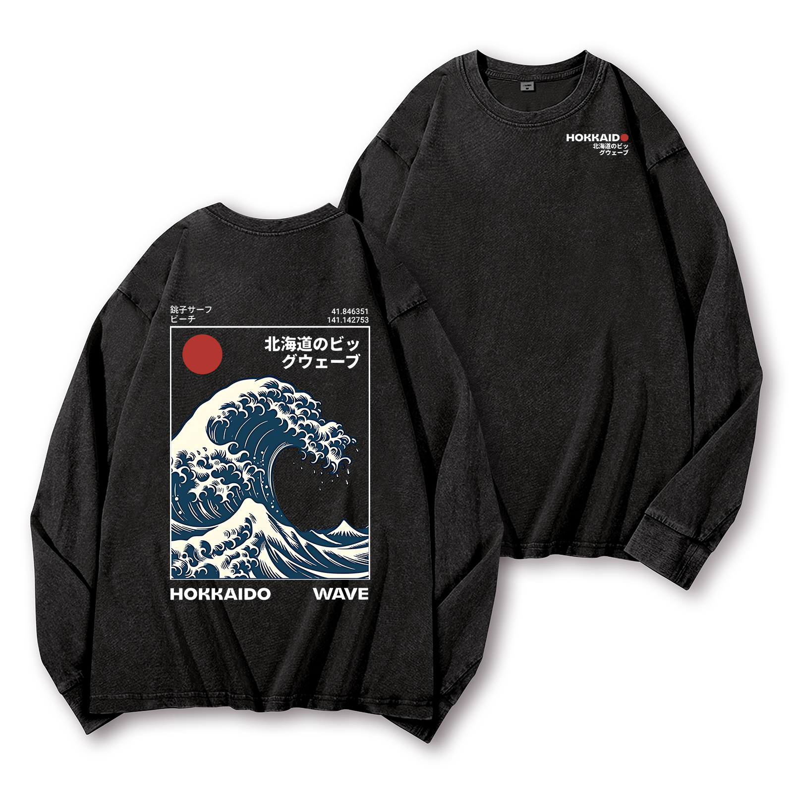 Hokkaido Wave Ukiyoe Vintage Washed Cotton Back Art Long-sleeve T-shirt