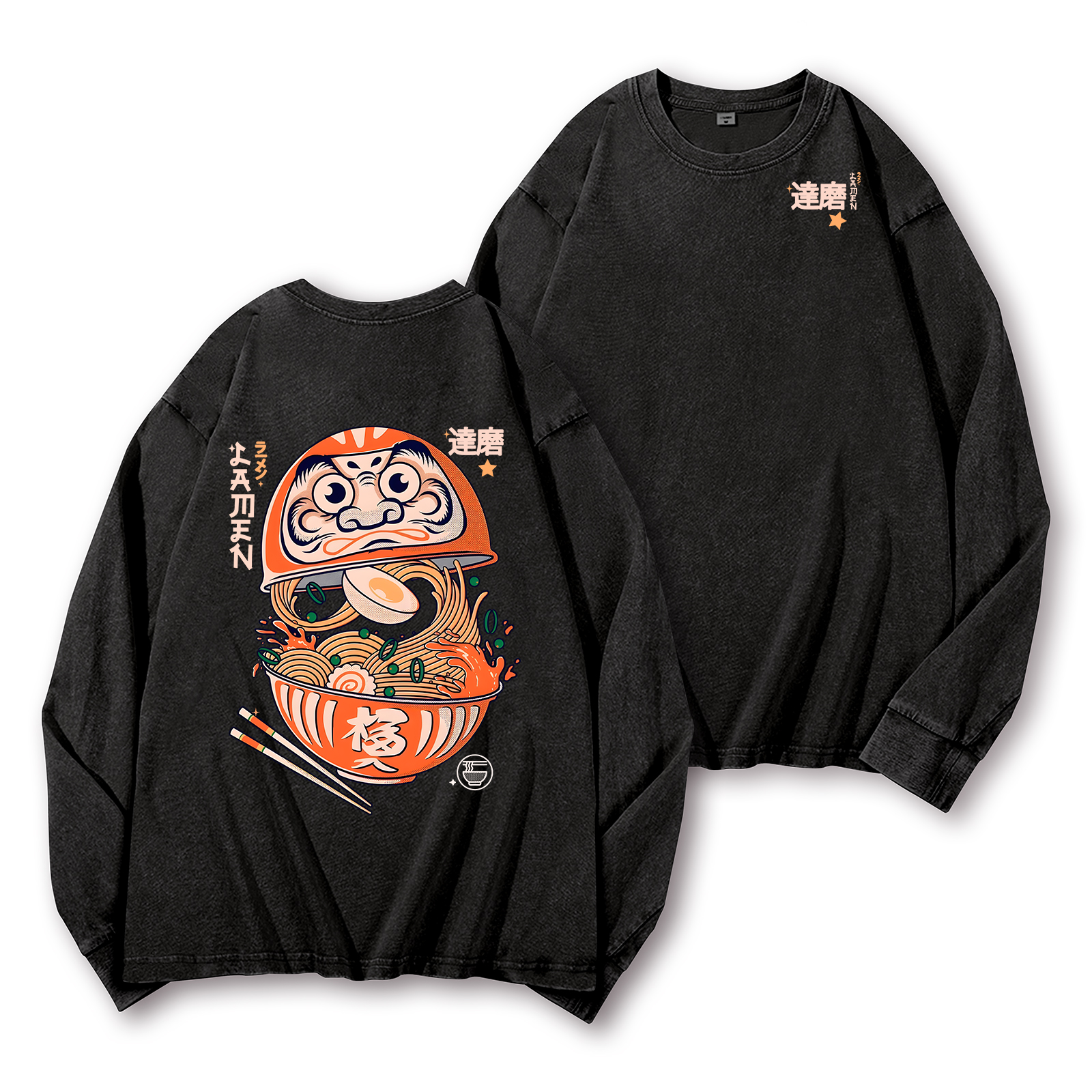 Daruma Ramen Vintage Washed Cotton Back Art Long-sleeve T-shirt