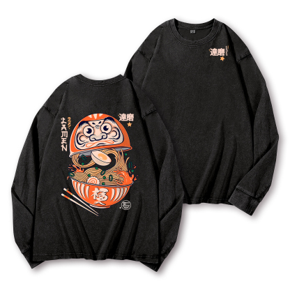 Daruma Ramen Vintage Washed Cotton Back Art Long-sleeve T-shirt