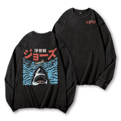 Ukiyoe Jaws Shark Vintage Washed Cotton Back Art Long-sleeve T-shirt