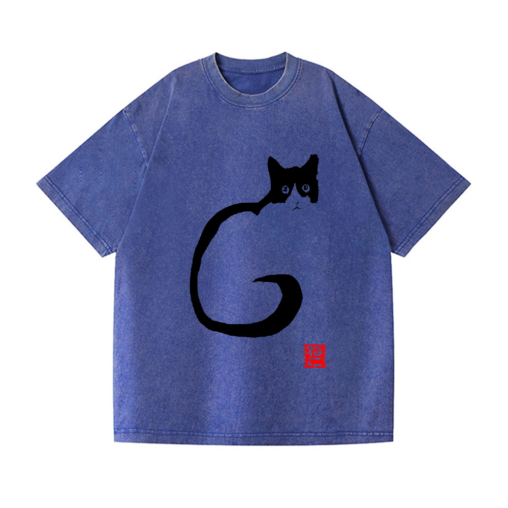 Black Ink Cat Neko Vintage Wash Japanese Design T-Shirt