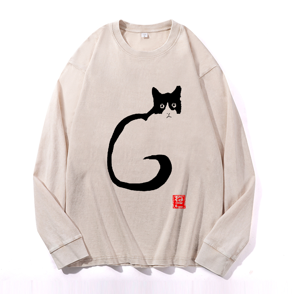 Cat Vintage Cotton Wash Crewneck Long-Sleeve T-Shirt