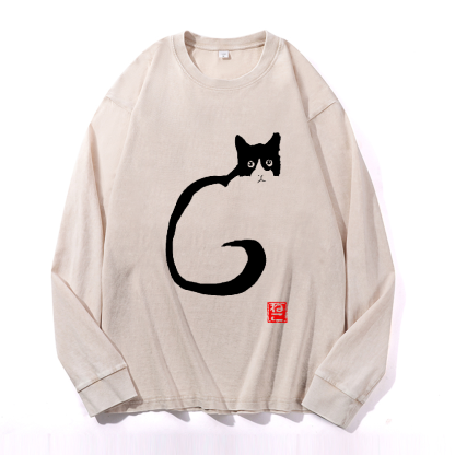 Cat Vintage Cotton Wash Crewneck Long-Sleeve T-Shirt