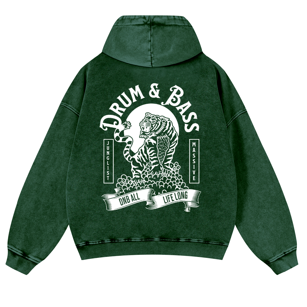 Drum and Bass Tiger Vintage Washed Cotton Back Art Hoodie
