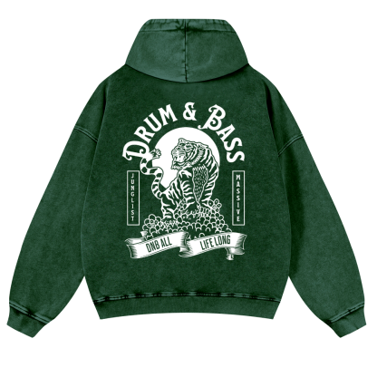 Drum and Bass Tiger Vintage Washed Cotton Back Art Hoodie