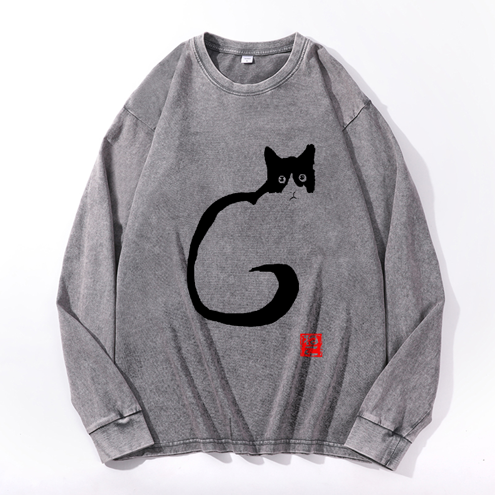 Cat Vintage Cotton Wash Crewneck Long-Sleeve T-Shirt