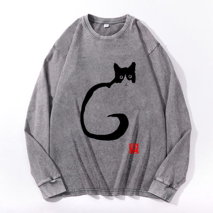 Cat Vintage Cotton Wash Crewneck Long-Sleeve T-Shirt