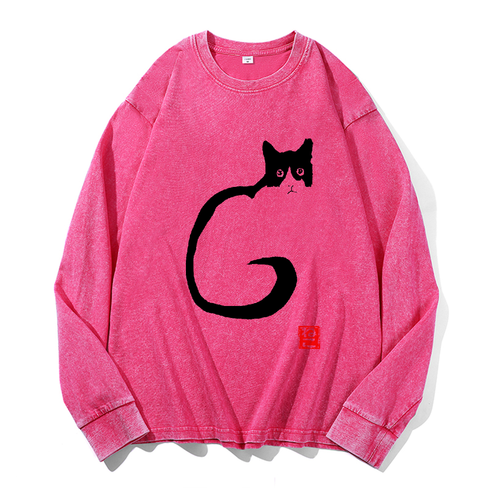 Cat Vintage Cotton Wash Crewneck Long-Sleeve T-Shirt