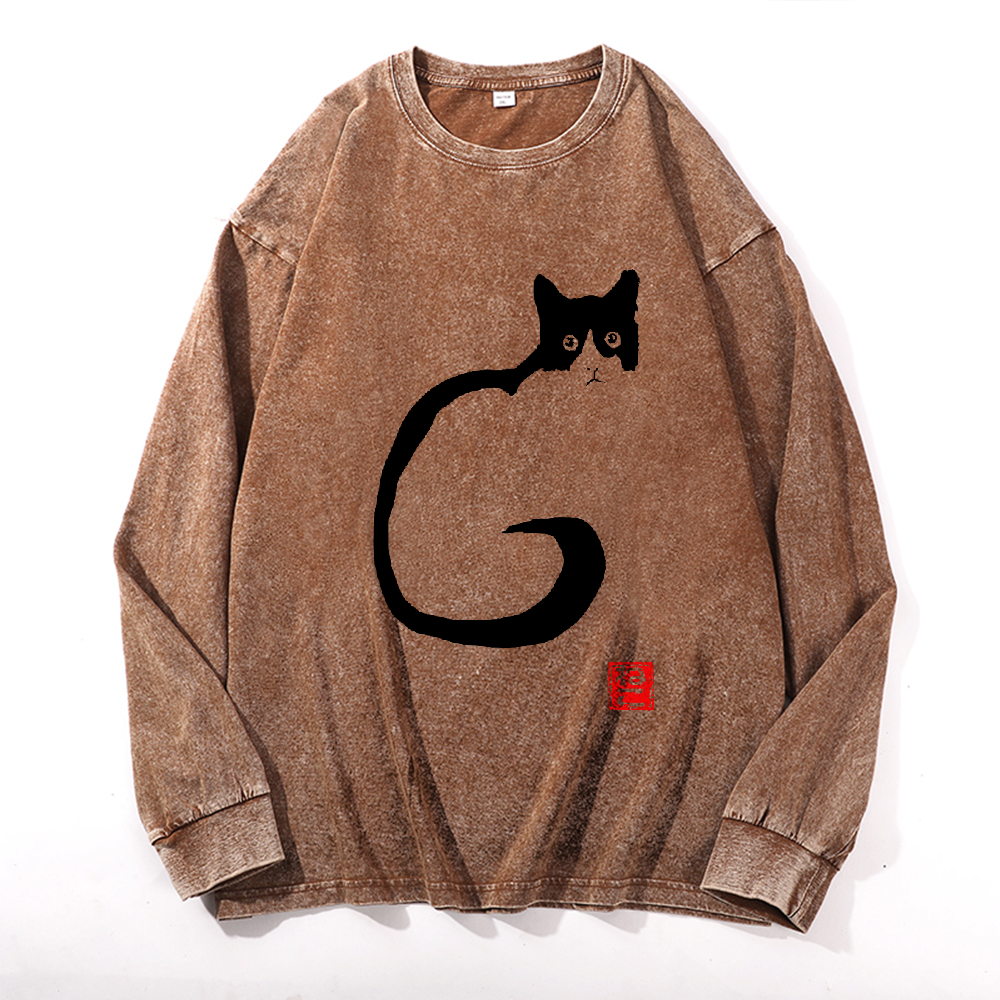 Cat Vintage Cotton Wash Crewneck Long-Sleeve T-Shirt