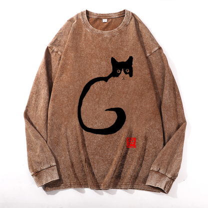 Cat Vintage Cotton Wash Crewneck Long-Sleeve T-Shirt