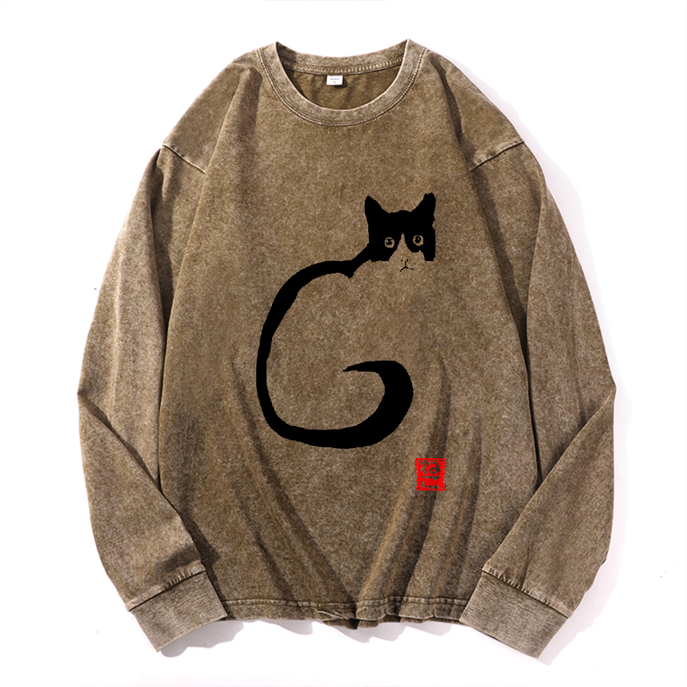Cat Vintage Cotton Wash Crewneck Long-Sleeve T-Shirt