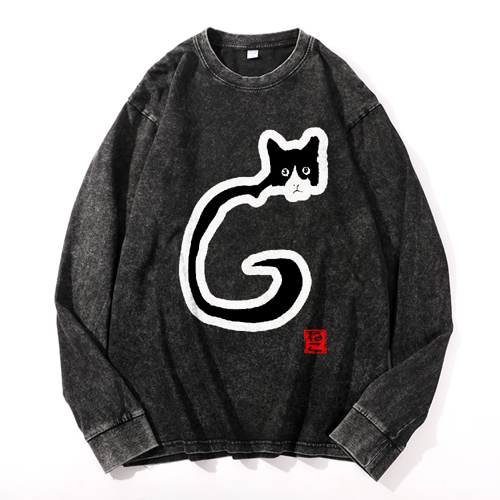 Cat Vintage Cotton Wash Crewneck Long-Sleeve T-Shirt