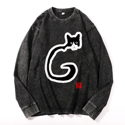 Cat Vintage Cotton Wash Crewneck Long-Sleeve T-Shirt