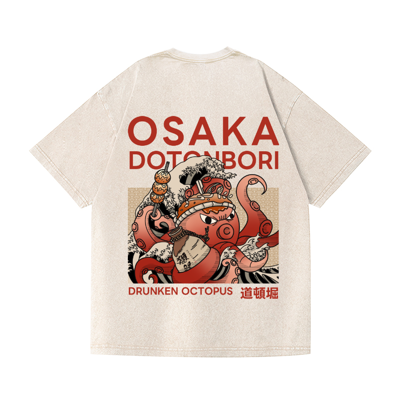 Osaka Dotonbori Drunken Octopus Vintage Wash Japanese Design Back Art T-Shirt