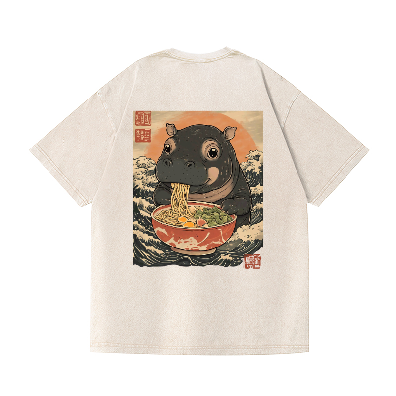 Ramen Hippo Ukiyoe Wave Vintage Wash Japanese Design Back Art T-Shirt