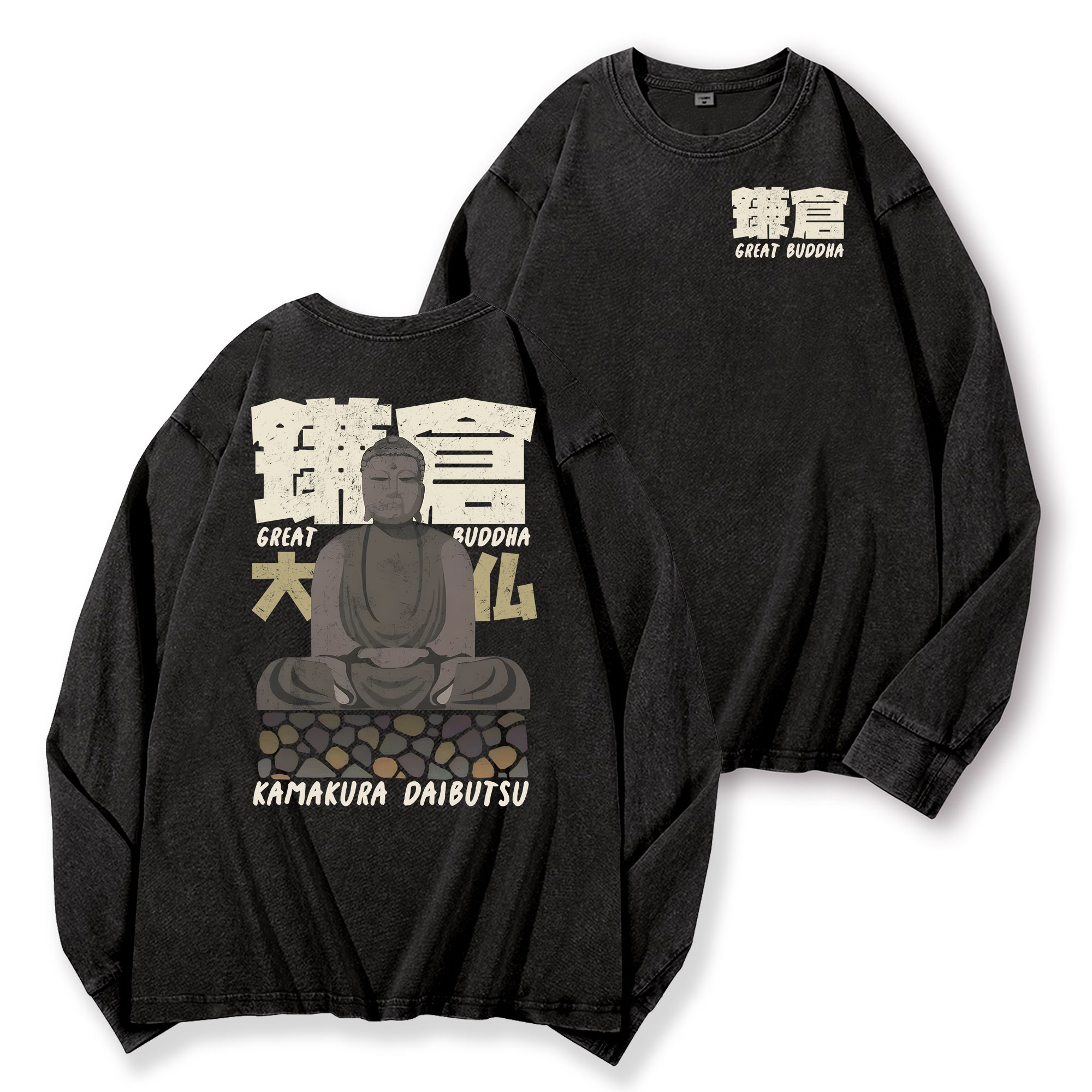 Kamakura Daibutsu Great Buddha Vintage Washed Cotton Back Art Long-sleeve T-shirt