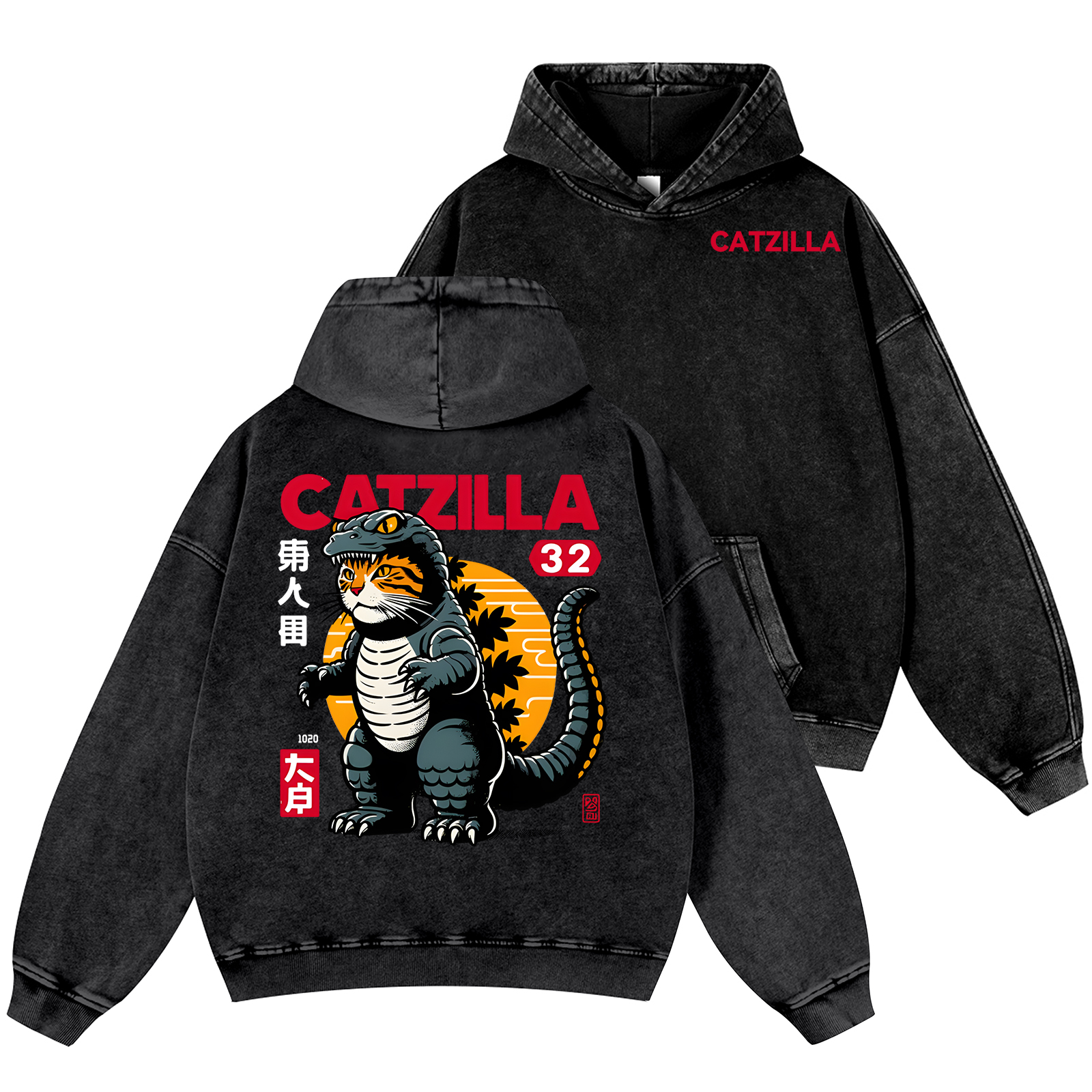 Cat Godzilla Catzilla Vintage Washed Cotton Back Art Hoodie