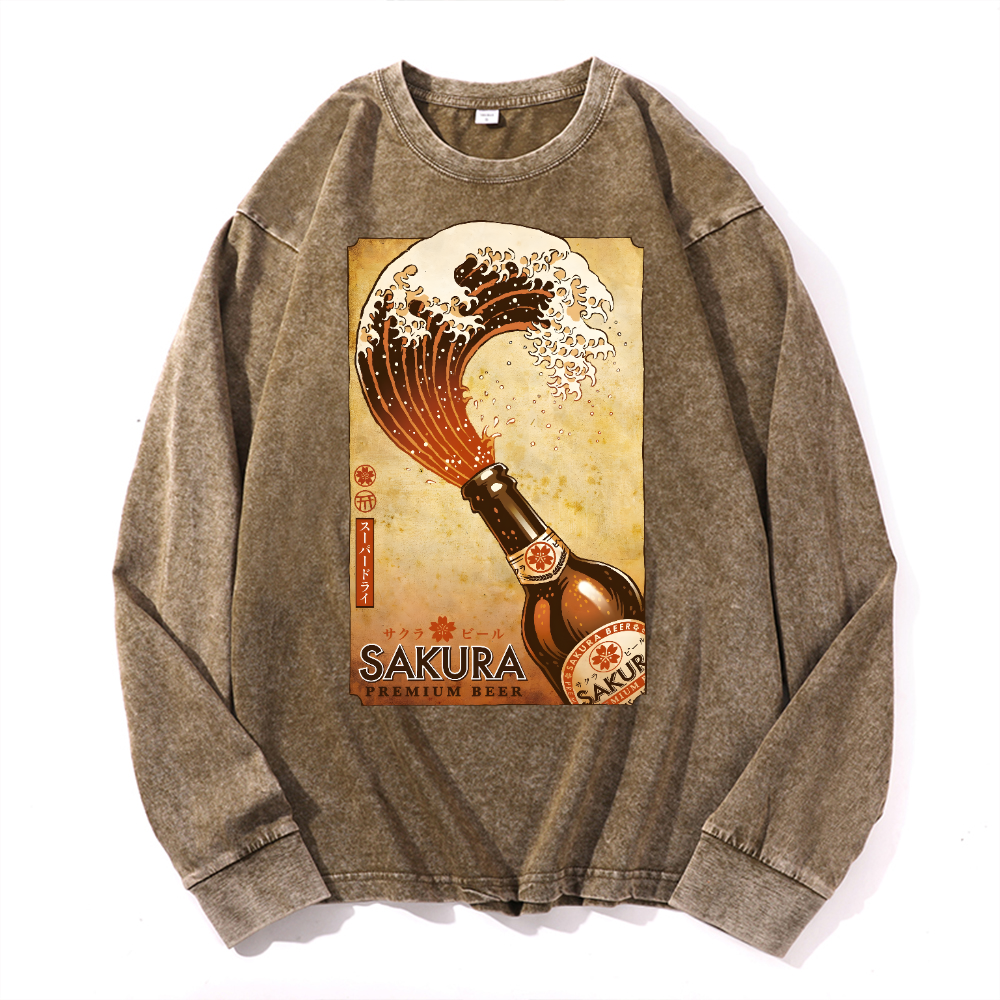 Sakura Wave Vintage Cotton Wash Crewneck Sweatshirt