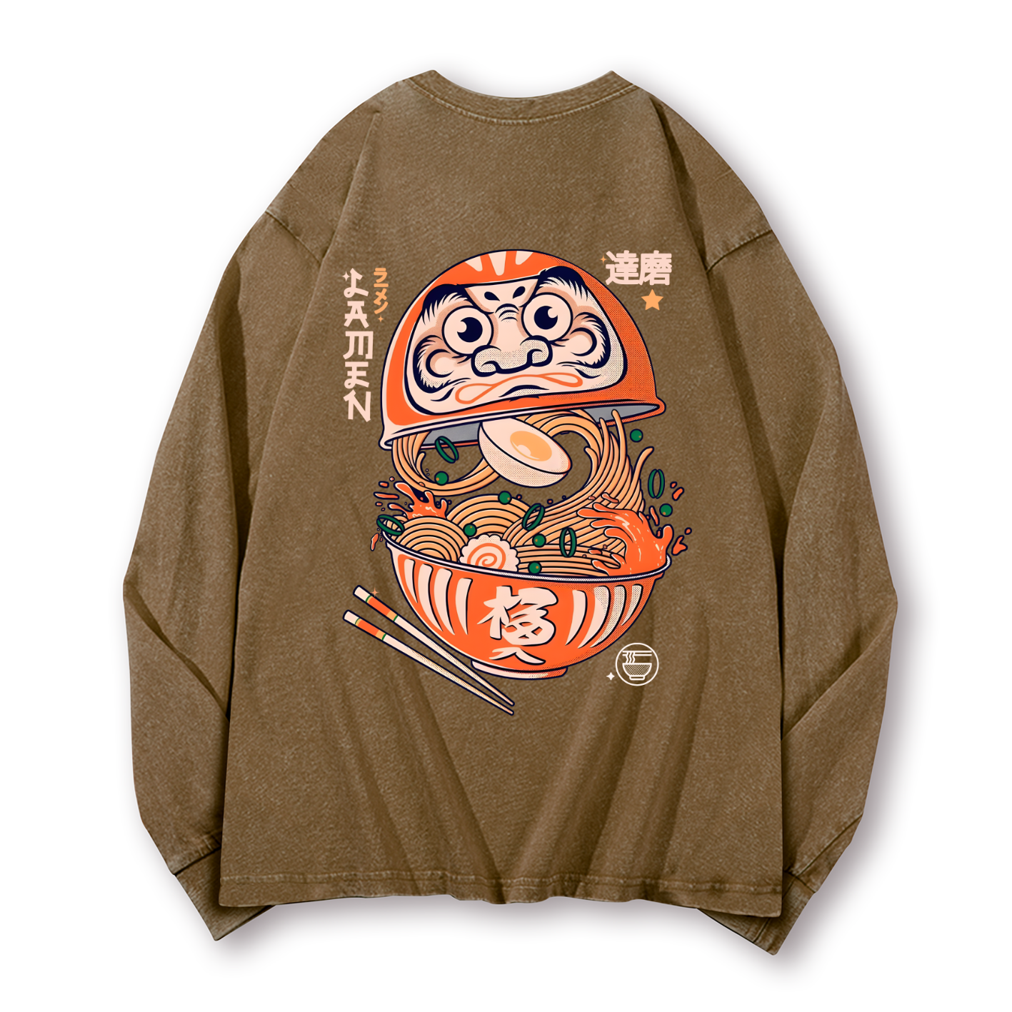 Daruma Ramen Vintage Washed Cotton Back Art Long-sleeve T-shirt