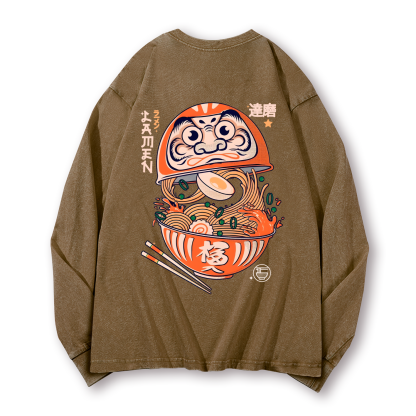 Daruma Ramen Vintage Washed Cotton Back Art Long-sleeve T-shirt