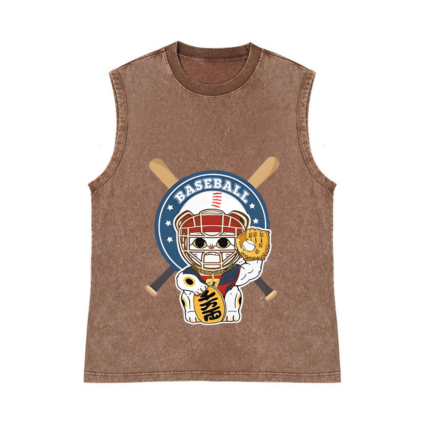 Baseball Maneki neko Pure Cotton Wash-Dyed Sleeveless Tank Top