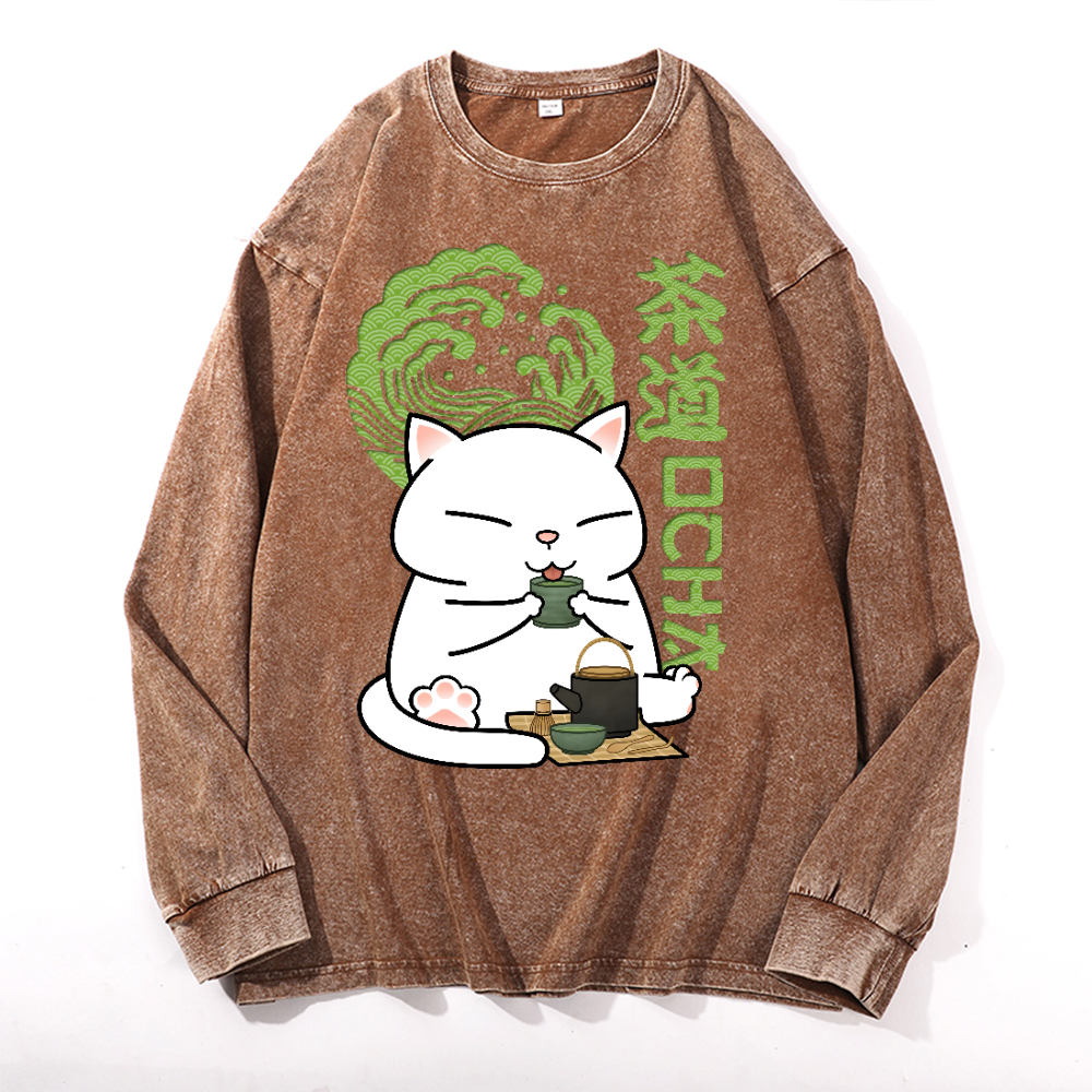 Cat tea Vintage Cotton Wash Crewneck Sweatshirt