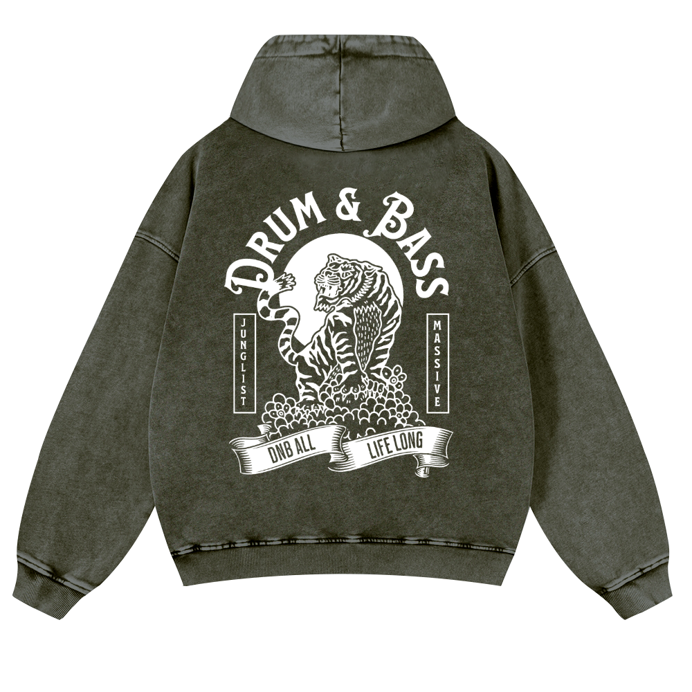 Drum and Bass Tiger Vintage Washed Cotton Back Art Hoodie