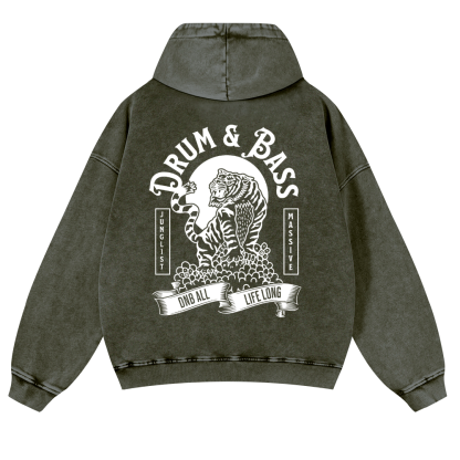 Drum and Bass Tiger Vintage Washed Cotton Back Art Hoodie