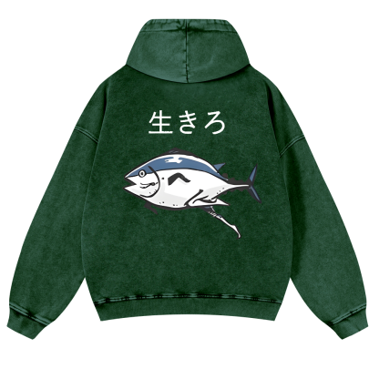 The Living Fish Vintage Washed Cotton Back Art Hoodie