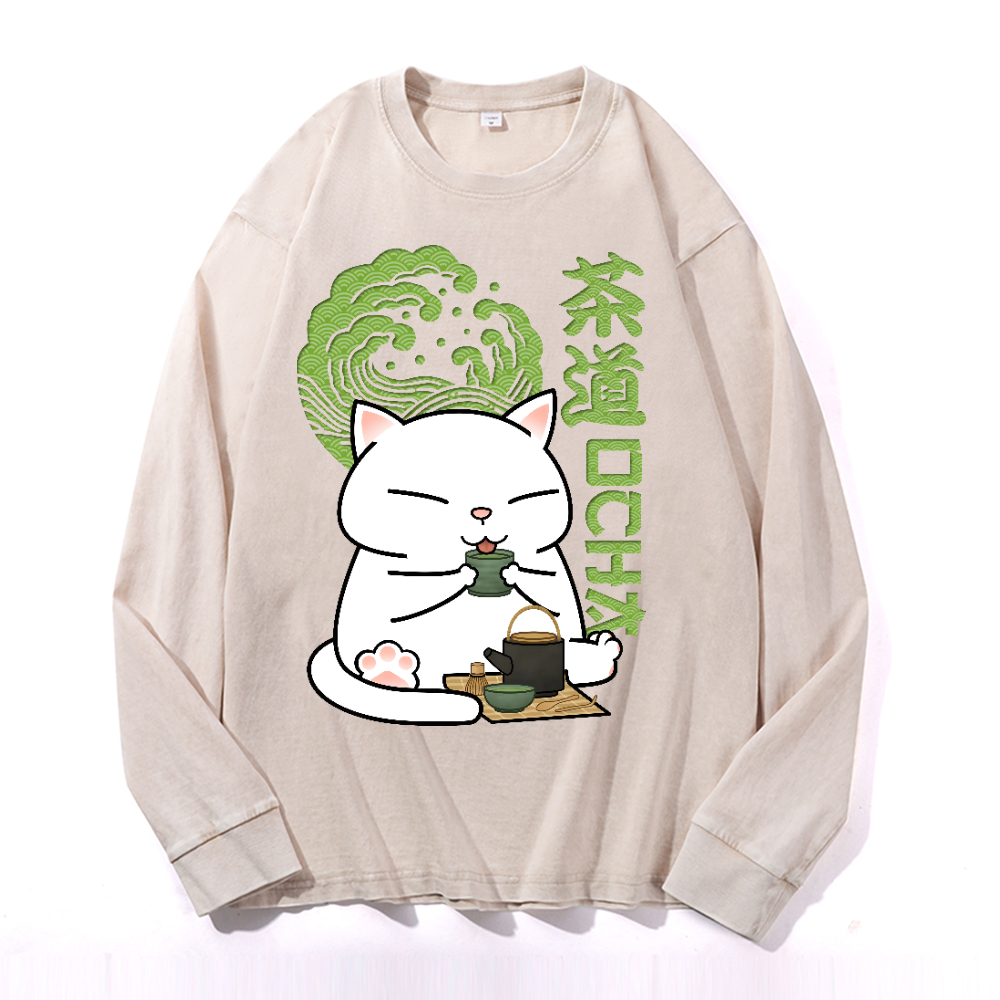 Cat tea Vintage Cotton Wash Crewneck Sweatshirt
