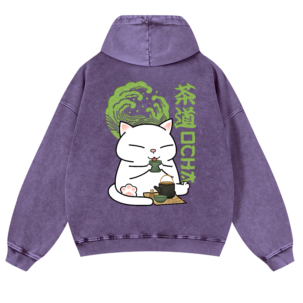 Cat Tea Vintage Washed Cotton Back Art Hoodie