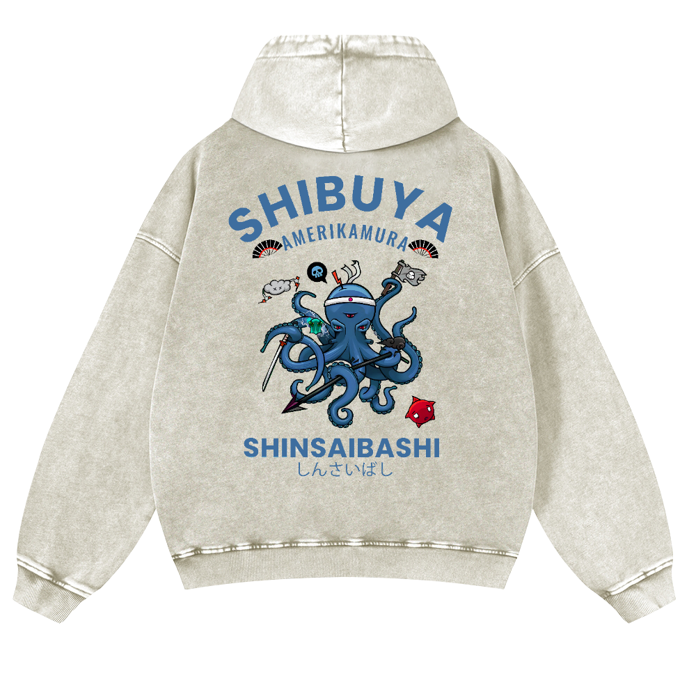 Shibuya Octopus Vintage Washed Cotton Back Art Hoodie