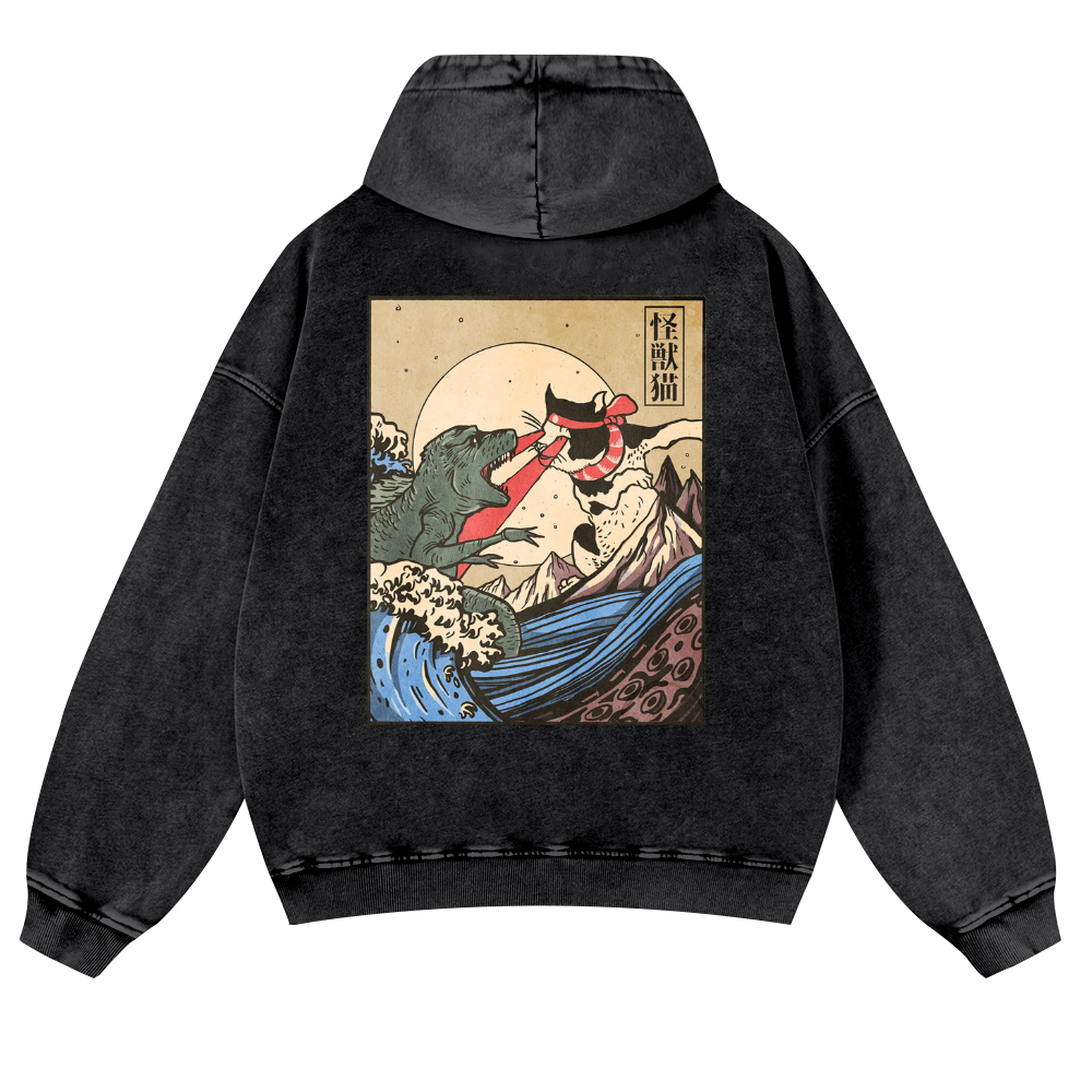Cat Vintage Washed Cotton Back Art Hoodie