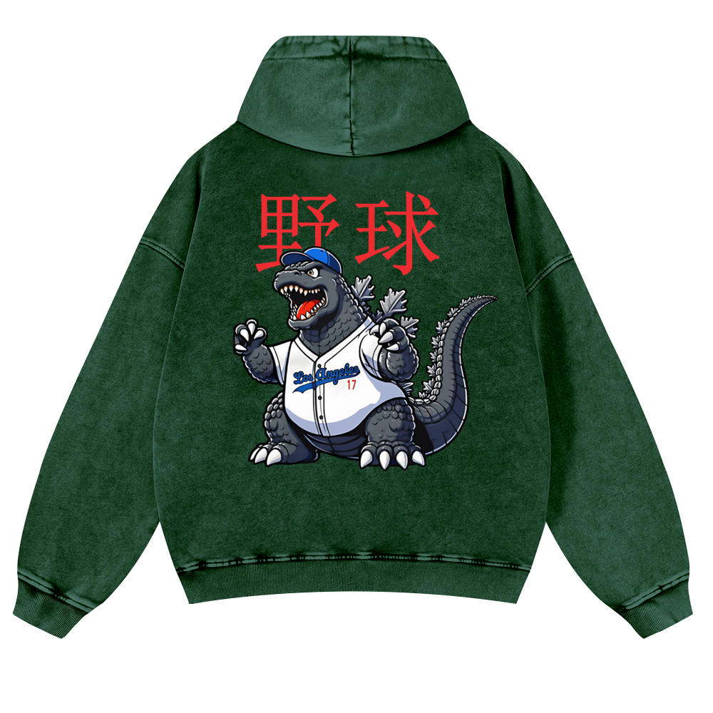 Godzilla Baseball Vintage Washed Cotton Back Art Hoodie