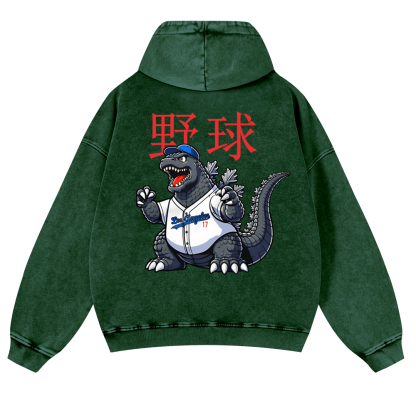 Godzilla Baseball Vintage Washed Cotton Back Art Hoodie